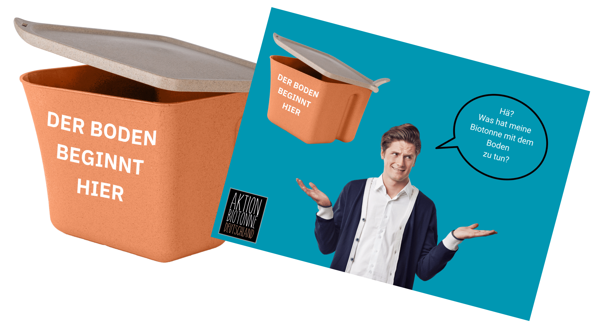 Aufkleber "Der Boden beginnt hier" für BiOTONi + Postkarte mit Erklärung des Slogans auf der Rückseite / je 10 Stck.